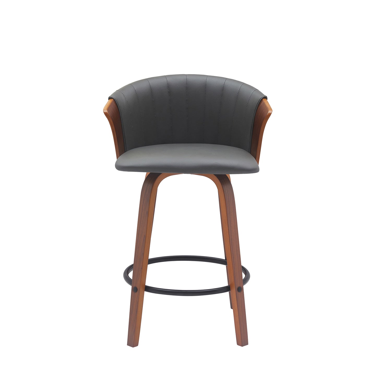 26" Gray and Wood Brown Faux Leather with Solid Wood Swivel Counter Height Bar Chair