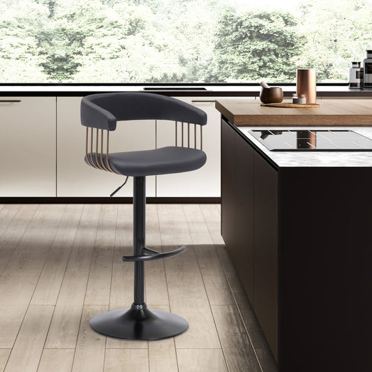 Black Faux Leather And Metal Swivel Adjustable Height Bar Chair