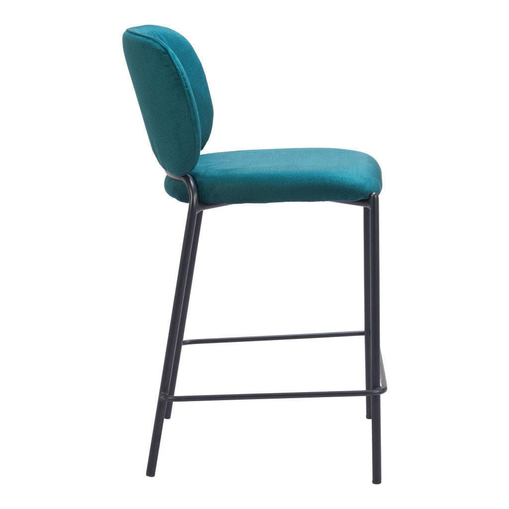 Set of Two 25" Green and Black Velvet and Steel Counter Height Bar Chairs