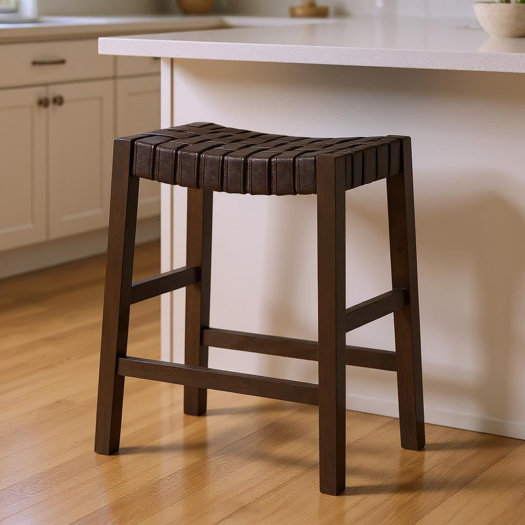26" Brown Faux Leather and Solid Wood Backless Counter Height Bar Chair